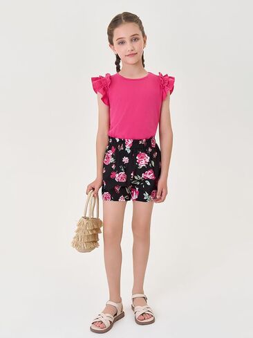 Haloumoning Girls 2 Piece Summer Outfits Clothes Ruffle Short Sleeve Shirts and High Waist Paper Bag Shorts Sets with Pockets in Saudi Arabia