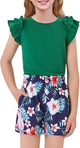 Haloumoning Girls 2 Piece Summer Outfits Clothes Ruffle Short Sleeve Shirts and High Waist Paper Bag Shorts Sets with Pockets in Saudi Arabia