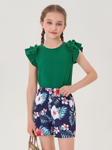 Haloumoning Girls 2 Piece Summer Outfits Clothes Ruffle Short Sleeve Shirts and High Waist Paper Bag Shorts Sets with Pockets in Saudi Arabia