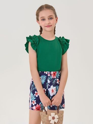 Haloumoning Girls 2 Piece Summer Outfits Clothes Ruffle Short Sleeve Shirts and High Waist Paper Bag Shorts Sets with Pockets in Saudi Arabia