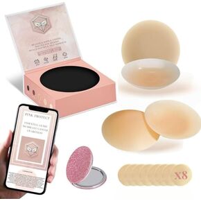 Nipple Covers Set for Women – 2 Reusable Silicone Pairs + 8 Anti-Chafe Pads | Invisible Adhesive Pasties | No Show Breast Petals | Compact Mirror + Free Breast Health Awareness Guide
