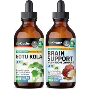 BIO KRAUTER Gotu Kola Tincture 4 Fl. Oz. & Brain Support Mushroom Tincture 4 Fl. Oz.