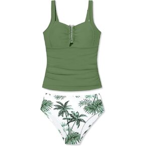 Girls Swimsuit Two Piece U-Shaped Ring Linked Cutout Ruched Tankini for Girls Bathing Suit Tropical Swim Shorts 9-16Y