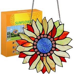 Capulina Large Size Sunflower Stained Glass Window Hangings Suncatcher for Window,Handmade Tiffany Glass Crafts Gifts for Family and Friends
