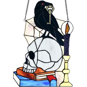 Bieye W10100 Raven Perched on Skull Holding Skeleton Key Tiffany Style Stained Glass Window Panel for Halloween Decor
