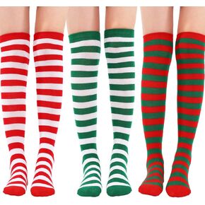 Tatuo 3 Pairs Christmas Long Striped Knee High Socks Xmas Socks Stockings for Christmas Women Girls Costume