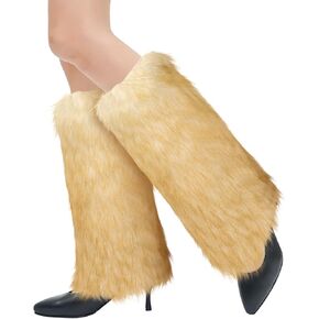 XEPST Faux Fur Fuzzy Leg Warmers Furry Boot Covers for Women, Women's Fur Leg Warmers Warm Fuzzy Boot Cuff Boot Sleeves for Party Costumes, Tie Dye Style, White + Gold