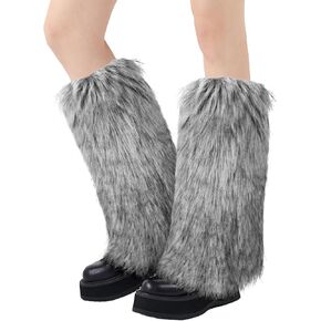 XEPST Faux Fur Fuzzy Leg Warmers Furry Boot Covers for Women, Women's Fur Leg Warmers Warm Fuzzy Boot Cuff Boot Sleeves for Party Costumes, Tie Dye Style, Gray + White