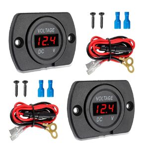 2 Pack DC 12V 24V Waterproof Car Voltmeter with Red LED Digital Display Panel and Mounting Plate Round Voltage Gauge Meter with Terminal for Boat Marine Motorcycle Truck(Red Light)