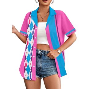 Bowling Shirts Women Hawaiian Bowling Shirt Bowling Lover Gift Tops Bowler Button Down Short Sleeve Tee