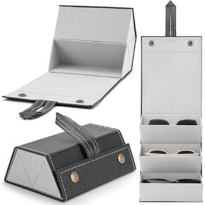 Upgraded 3 Slots Travel Sunglasses Organizer, Waterproof Leather Case with Velvet Lining, Foldable Storage for Multiple Pairs, Perfect for Men and Women