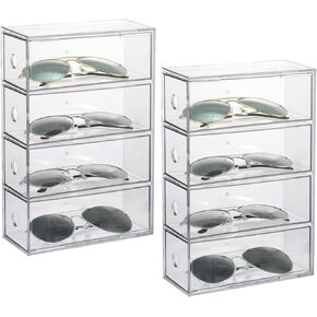 Rainmae 2 Pieces Acrylic Sunglass Organizer, Clear Eyeglasses Case with 4 Drawers for Women Stackable Eyewear Storage Display Case Clear Eyeglass Holder Multiple Pair for Glasses Jewelry Watch Storage