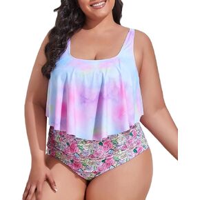 Mooncore Womens Plus Size Swimsuit High Waisted Tankini Bathing Suits Two Piece Flounce Bikini Swimsuit