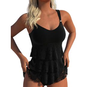 ROSEWE Womens Ruffle Tier Tankini Swimsuits, 2 Piece Set Swimwear, Bathing Suits with Mid Waisted Briefs