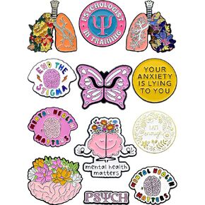 Mental Health Awareness Enamel Pins Set of 12 – Inspirational & Positive Lapel Pins for Backpacks, Jackets, Hats, Lanyards & More – Collectible Motivational Accessories – Unique Gift for Friends & Psychology Students