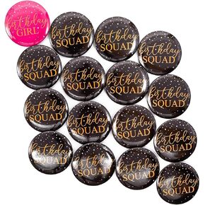 16 Pack Round Birthday Squad Buttons in 2 Designs, Black and Pink (2.3 Inch)
