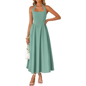 ZESICA Women's Summer Sleeveless Halter Midi Dress 2025 Off Shoulder High Waist Swing Flowy Beach Long Dresses