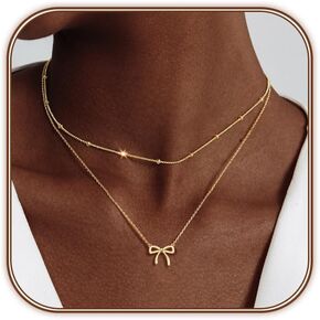OGD Gold Necklace for Women, Bow Necklace 14K Layered Gold Necklace Dainty Bow Pendant Choker Necklace Trendy Bow Necklace Gold Chain Necklaces for Women Jewelry Gift
