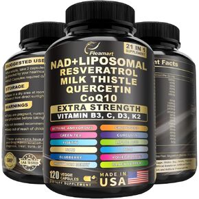 NAD+ Supplement for Women & Men Liposomal NAD Supplement Pure with Resveratrol 50mg Milk Thistle 30mg Quercetin 20mg CoQ10 50mg Made in USA, 120 Capsules