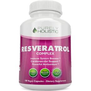 Purely Holistic Resveratrol 1450mg, 90 Servings, Trans-Resveratrol Antioxidant Supplement with Vitamin C and Polyphenol Complex, 180 Vegan Capsules