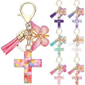 Sureio 12 Pcs Cross Butterfly Keychains for Women Teacher Graduation Church Gift Resin Christian Keychains Bulk Purple Pink Cross Butterfly Charm with Tassels for Purse Wallet Bag Backpack