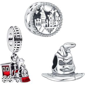 925 Sterling Silver Charms Hat Castle Train Pendant Beaded Set for Bracelet Necklace Charm Dangle for Women Birthday Gifts 3-Piece/Package