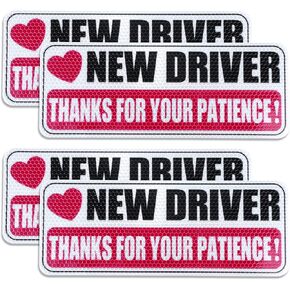 4 Piece Reflective New Driver Bumper Sticker New Driver Stickers Thanks for Your Patience Novice Driver Sign Non-Magnetic Removable Car Decal for Car Bumper Window Exterior Accessories