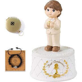 First Communion Gifts for Boys- First Holy Boy Figurine with Keepsake Box & Compass for Kids & Cross Bracelet Included, 1st Communion Gifts for Boys