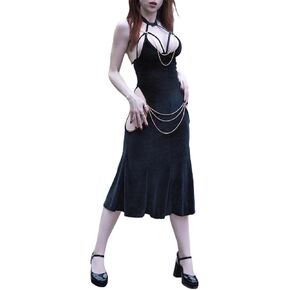 Women Sexy Dress,Halter Hollow Out Backless Sleeveless Fishtail Dress with Gold Chain Decor for Women