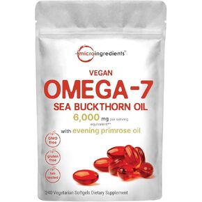 Vegan Omega 7 Sea Buckthorn Oil 6,000mg, 240 Veggie Softgels | 2-in-1 with Evening Primrose Oil | Natural Support for Hair, Skin, & Nails | Combats Dryness | Plant Based, Non-GMO, Gluten Free