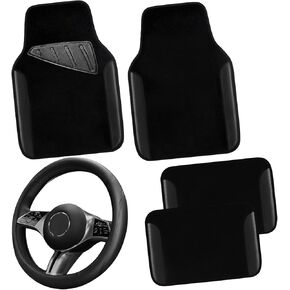 CAR PASS Faux Leather Steering Wheel Cover and Waterproof Car Floor Mats,Universal Car Combo Fit for 95% Sedan,SUV,Cars,14.5-15inch Sporty Anti-Slip Safety Comfortable Design(Black＆Red)