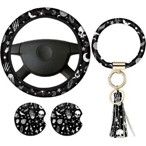 4 Pieces Black Moons White Stars Print Car Accessories Set Black Moons White Stars Steering Wheel Cover with 2 Pieces Car Cup Holder and Leather Keyring for Truck Suv(Horror Pattern)