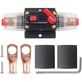 NuIth 40 Amp Audio Inline Circuit Breaker with Manual Reset, 4-12 Gauge Fuse Inline Breaker with Wire Lugs and Heat Shrink Tube 12V-24V DC for Car Audio Sound Amplifier System RV Home Marine Truck