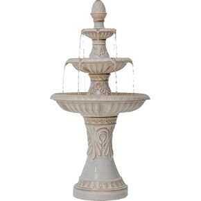 47 in H Freestanding Garden 3-Tiered Outdoor Waterfall Fountain w/Leaf Details, Ceramic, Beige