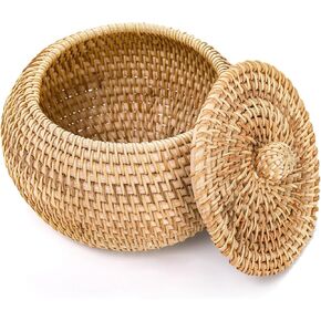 صندوق سلة Rattan Round مع غطاء ، سلة تخزين منسوجة يدويًا ، منظمًا متعدد الأغراض وعاء من المنظمات المزخرفة للرف ، المنزل ، ديكور الحمام