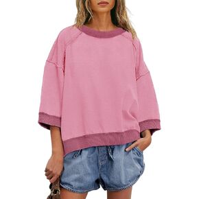 Yanekop Womens Crewneck Short Sweeve Sweatshirt 3/4 Sleeve Tops Color Block Switshirt Summer Summer Stirts