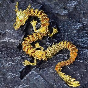 LIYAOLI 3D Golden Dragon Articulated Dragon 2024 Chinese Dragon Statue Metal Gold Dragon 9 Inch Luck Dragon for Home Office Desk Decoration