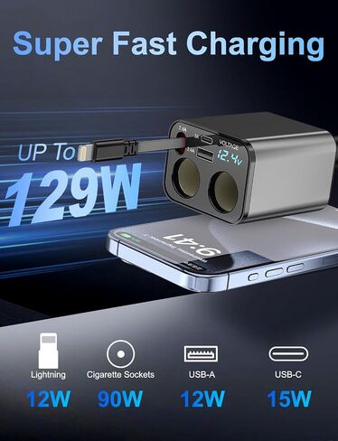 Retractable Car Charger 4 in 1, 100W Super Fast Phone Charger with Dual Retractable Cables for i Phone and Type C Compatible for i Phone 15/14/13/12 Pro Max XR,iPad,Galaxy S23/S22 and More in Saudi Arabia
