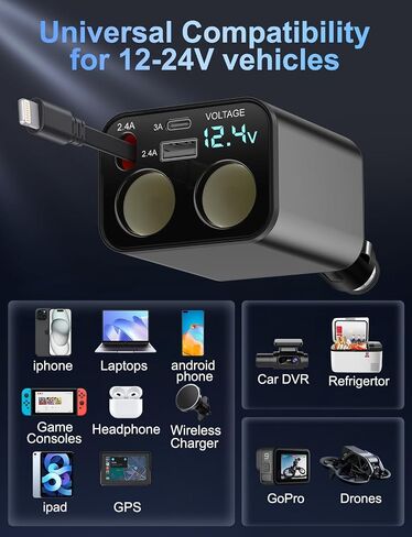 Retractable Car Charger 4 in 1, 100W Super Fast Phone Charger with Dual Retractable Cables for i Phone and Type C Compatible for i Phone 15/14/13/12 Pro Max XR,iPad,Galaxy S23/S22 and More in Saudi Arabia