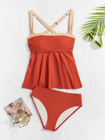 Tankini Swimsuit for Women Color Block Tummy Control Two Piece Bathing Suit Slimming Swim Top with Bottom in Saudi Arabia