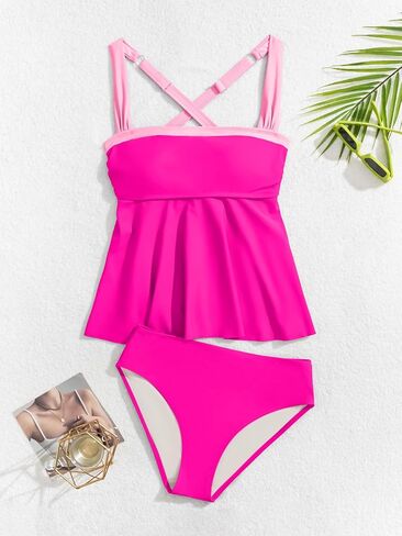 Tankini Swimsuit for Women Color Block Tummy Control Two Piece Bathing Suit Slimming Swim Top with Bottom in Saudi Arabia