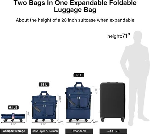 MILADA Travel Luggage Bag Suitcases with Wheels Expandable Foldable Travel Bag Collapsible Rolling Duffle Bag Large Suitcase for Men Women without Telescoping Handle, Black in Kuwait