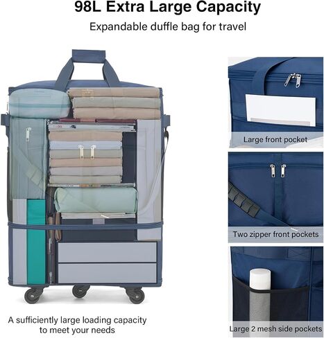 MILADA Travel Luggage Bag Suitcases with Wheels Expandable Foldable Travel Bag Collapsible Rolling Duffle Bag Large Suitcase for Men Women without Telescoping Handle, Black in Kuwait