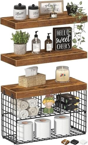 Bathroom Floating Shelves for Wall - Shelf Over Toilet Storage Small Farmhouse Decor Shelves (15.7 inch, Set of 3, Rustic Brown) in Kuwait