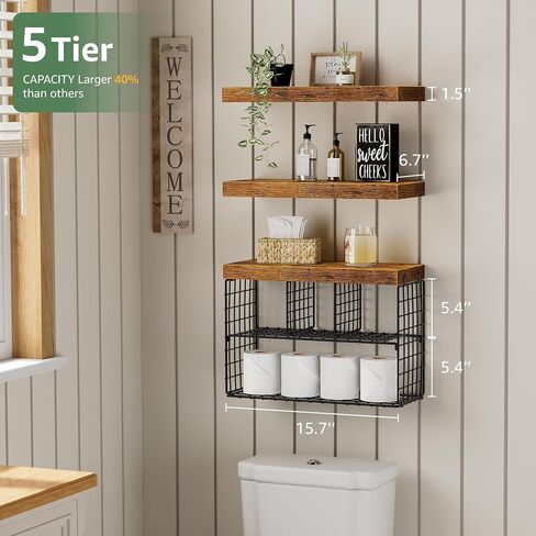 Bathroom Floating Shelves for Wall - Shelf Over Toilet Storage Small Farmhouse Decor Shelves (15.7 inch, Set of 3, Rustic Brown) in Kuwait