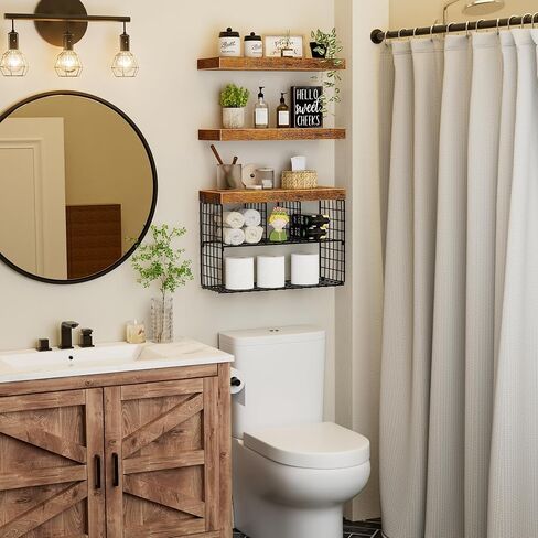 Bathroom Floating Shelves for Wall - Shelf Over Toilet Storage Small Farmhouse Decor Shelves (15.7 inch, Set of 3, Rustic Brown) in Kuwait