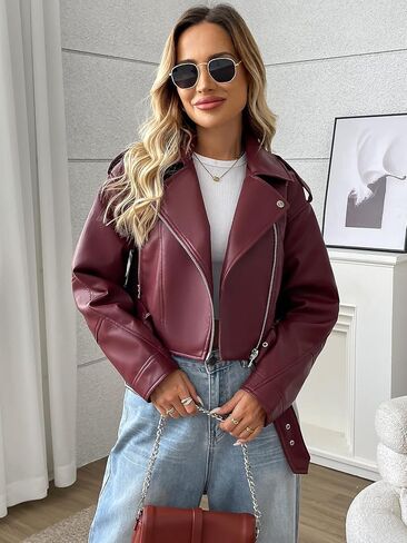 LY VAREY LIN Women Faux Leather Cropped Jacket Vegan Motor Biker Coat with Belt in Saudi Arabia