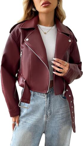 LY VAREY LIN Women Faux Leather Cropped Jacket Vegan Motor Biker Coat with Belt in Saudi Arabia