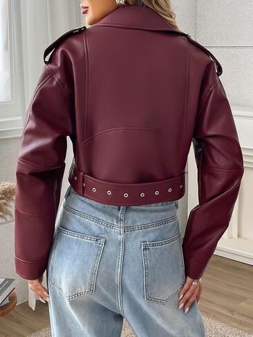 LY VAREY LIN Women Faux Leather Cropped Jacket Vegan Motor Biker Coat with Belt in Saudi Arabia