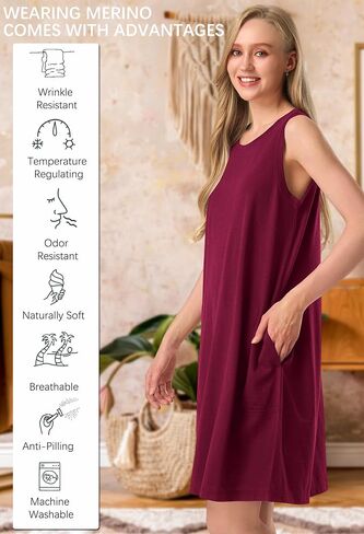 SIORO 100% Merino Wool Women's Sleeveless Dress Casual Solid Tank Dress for Women Knee-Length Summer Dresses with Pockets in Saudi Arabia